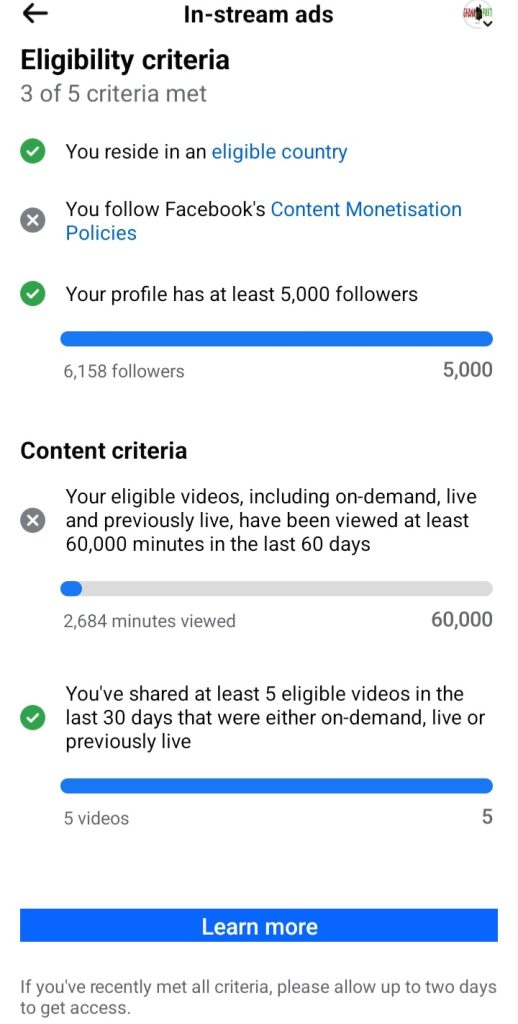 Facebook monetization requirements for in-stream ads
